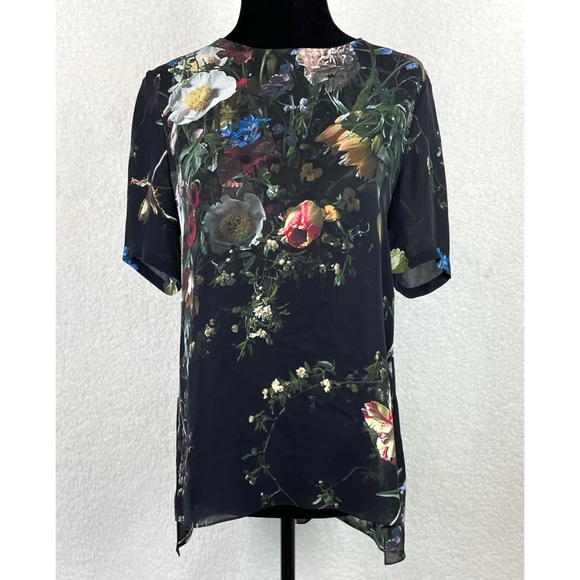 ADAM LIPPES • Black/Multi Floral Print Silk T-Shirt Blouse - Picture 13 of 13
